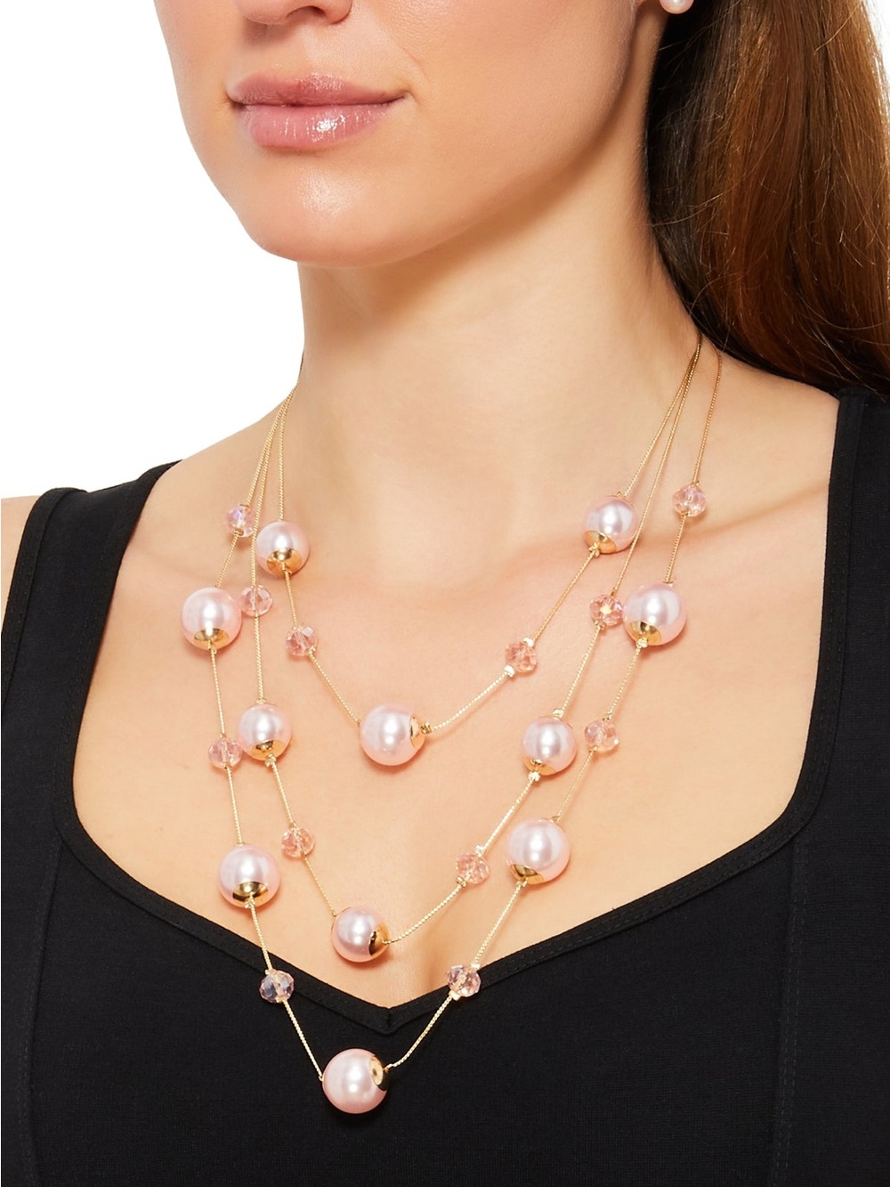 Gold-Tone Necklace with Pink Pearls and Pink Crystals